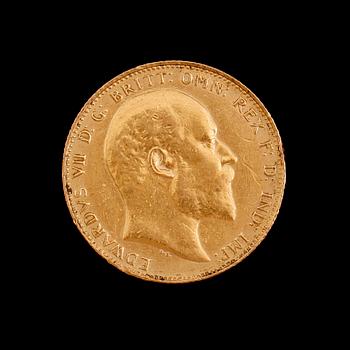 GULDMYNT, sovereign, Edward VII, 1907. Vikt ca 8 gram.