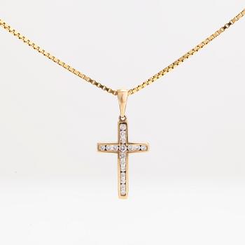 Halsband/ hänge, kors, 14K guld med diamanter tot. ca 0.19 ct.