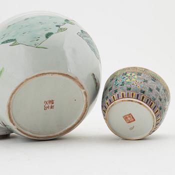 A famille rose jar with cover, box with cover and a dish and a bowl, China, circa 1900.
