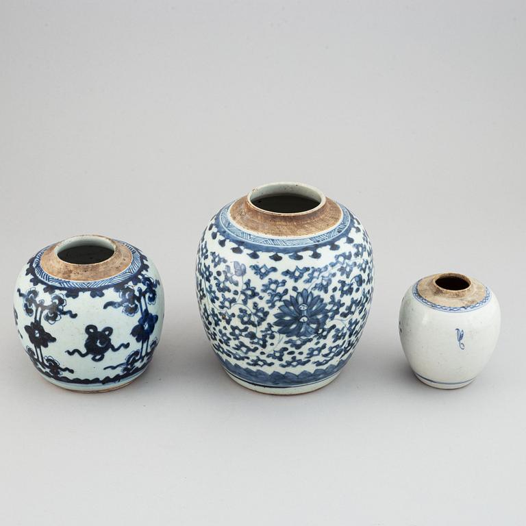 A group of three blue and white jars, Qing dynasty, 19th Century.