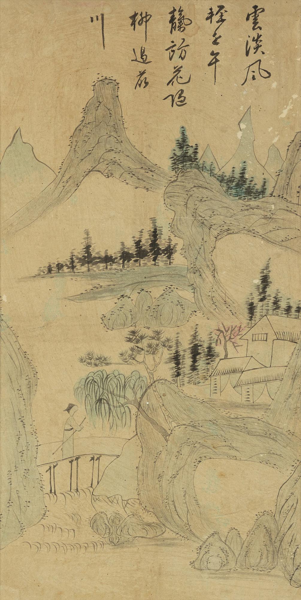 Oidentifierad konstnär, fyra stycken målningar, tusch och akvarell på papper, Korea, omkring 1900.