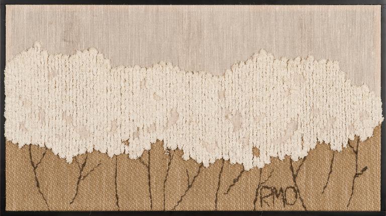 Riitta-Maija Oksanen, kuvakudos, signeerattu RMO,  Helmi Vuorelma, numeroitu 32/500.