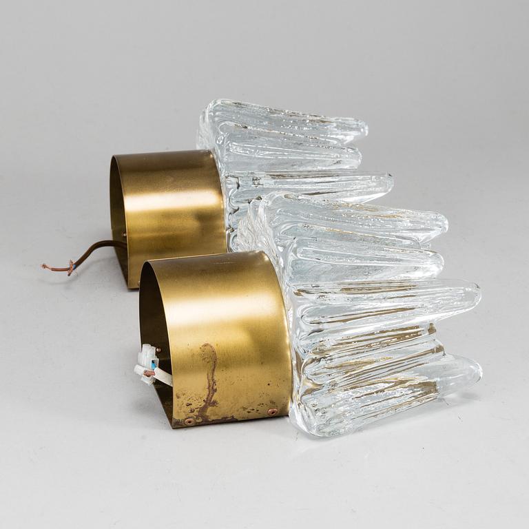 A pair of glass and brass wall lights, Nafa, Nybro Armaturfabrik AB, second half of the 20th century.