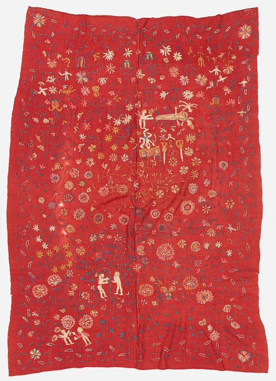 An embroided wool bed cover of 'fall of man' design, South west Scania, Sweden, first half of the 19th century.