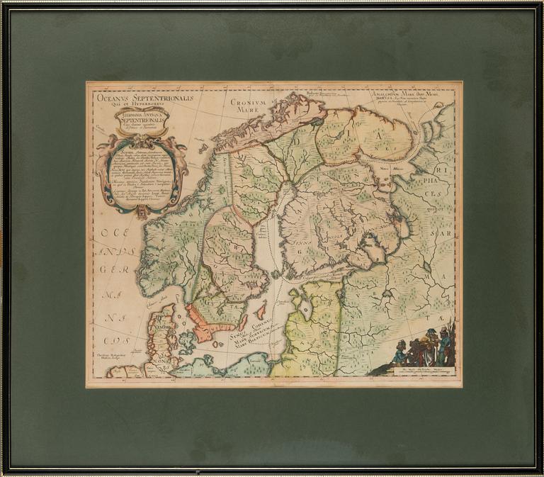 Caspar Dankwerth & J Meyer, karta Skandinavien, handkolorerat kopparstick, Husum 1652.