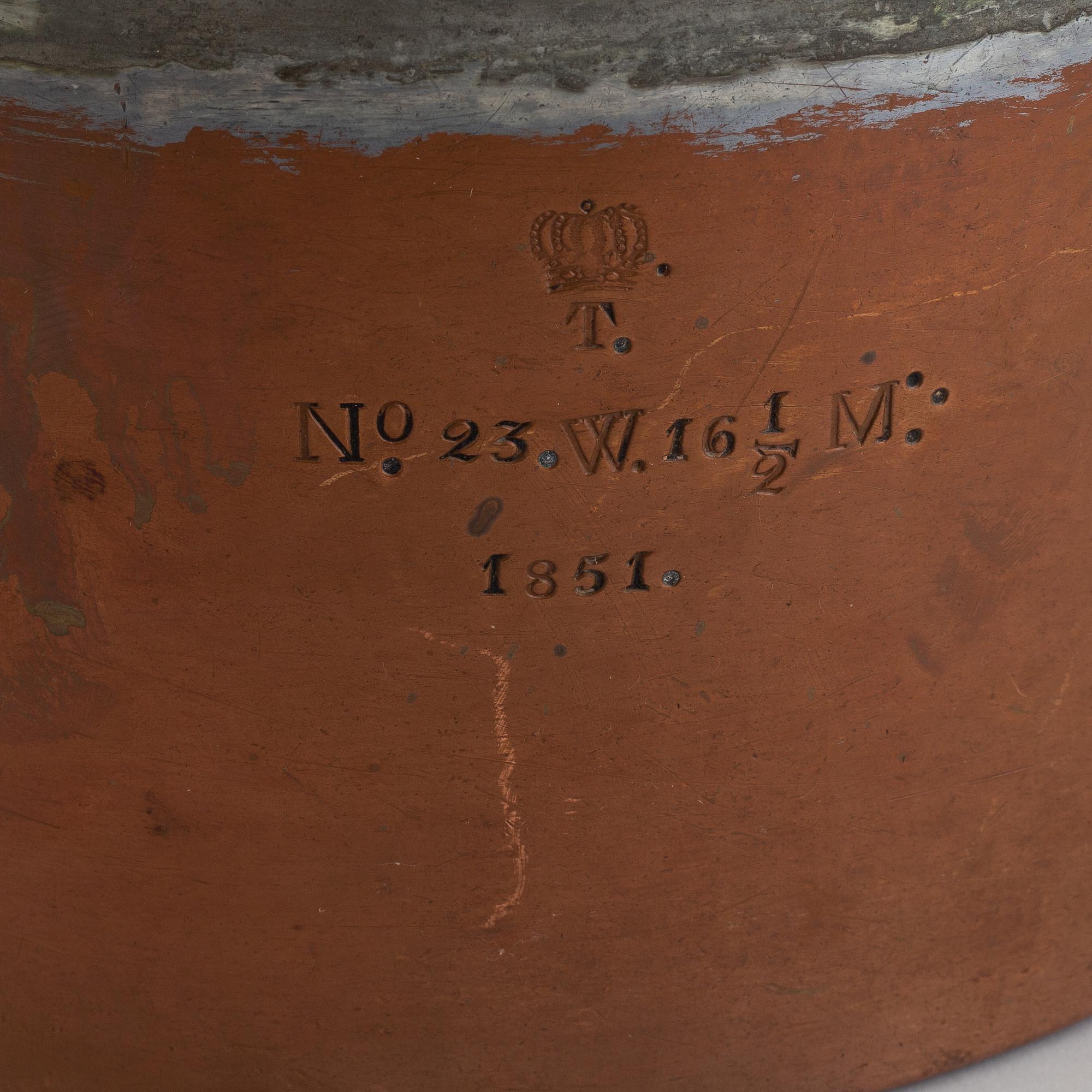 A cooking pot and a lid, Tullgarns Slott, Sweden, dated 1851.