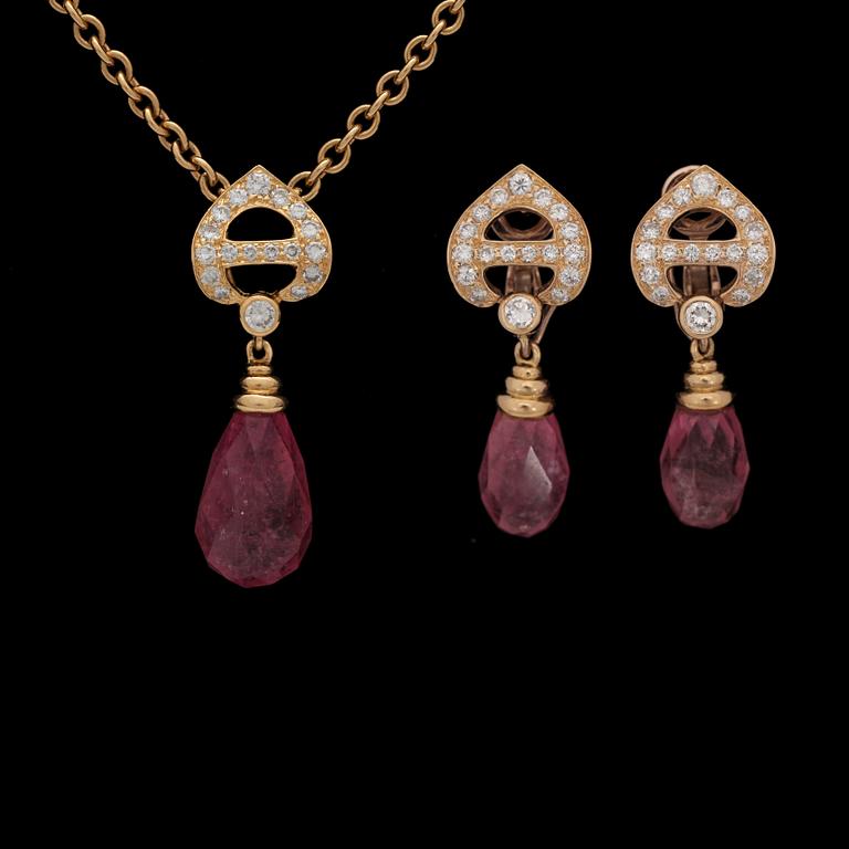 A C. Denevue set of earrings and pendant with turmaline, 25 cts. and brilliant cut diamonds, tot. 1.50 ct.