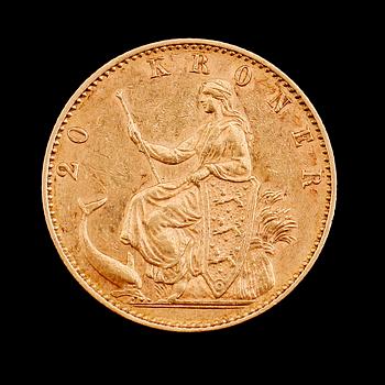 GULDMYNT, 20 kroner, Christian IX, 1900. Vikt ca 9 gram.