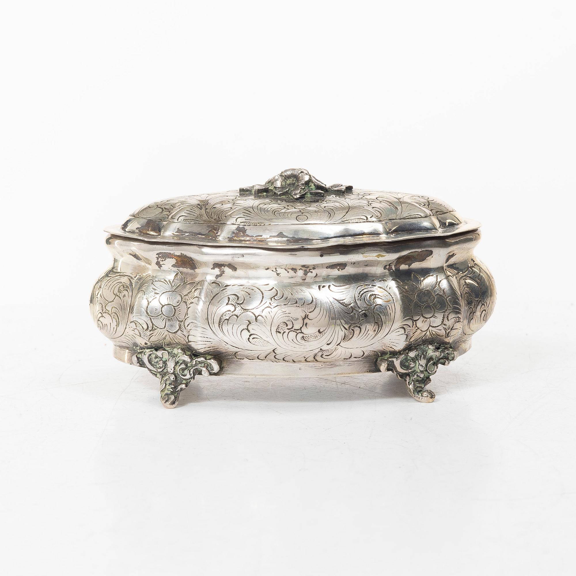 Sugar box, silver, Rococo style, Swedish import mark.