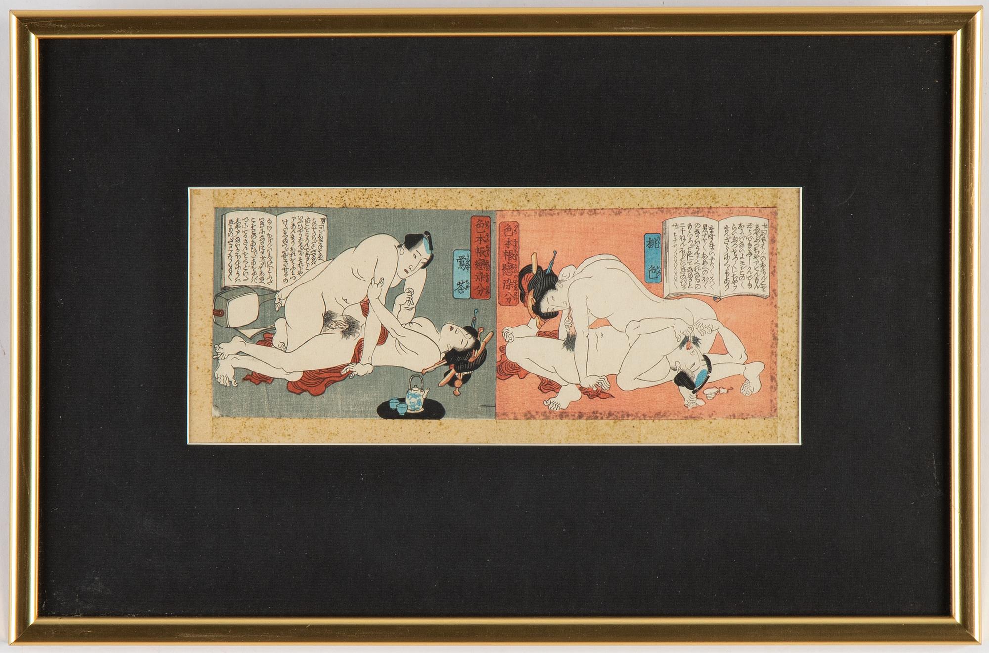 Blad ur album, 6 st, färgträsnitt. Japan, sent 1800/tidigt 1900-tal.