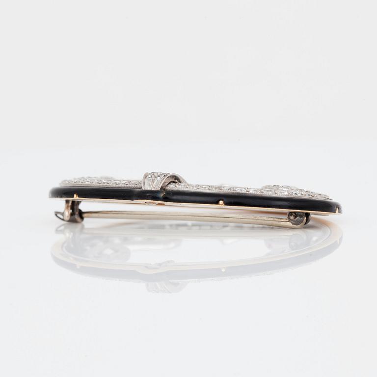 An Art Deco old-cut diamond and black enamel brooch, signed Cartier N.Y.