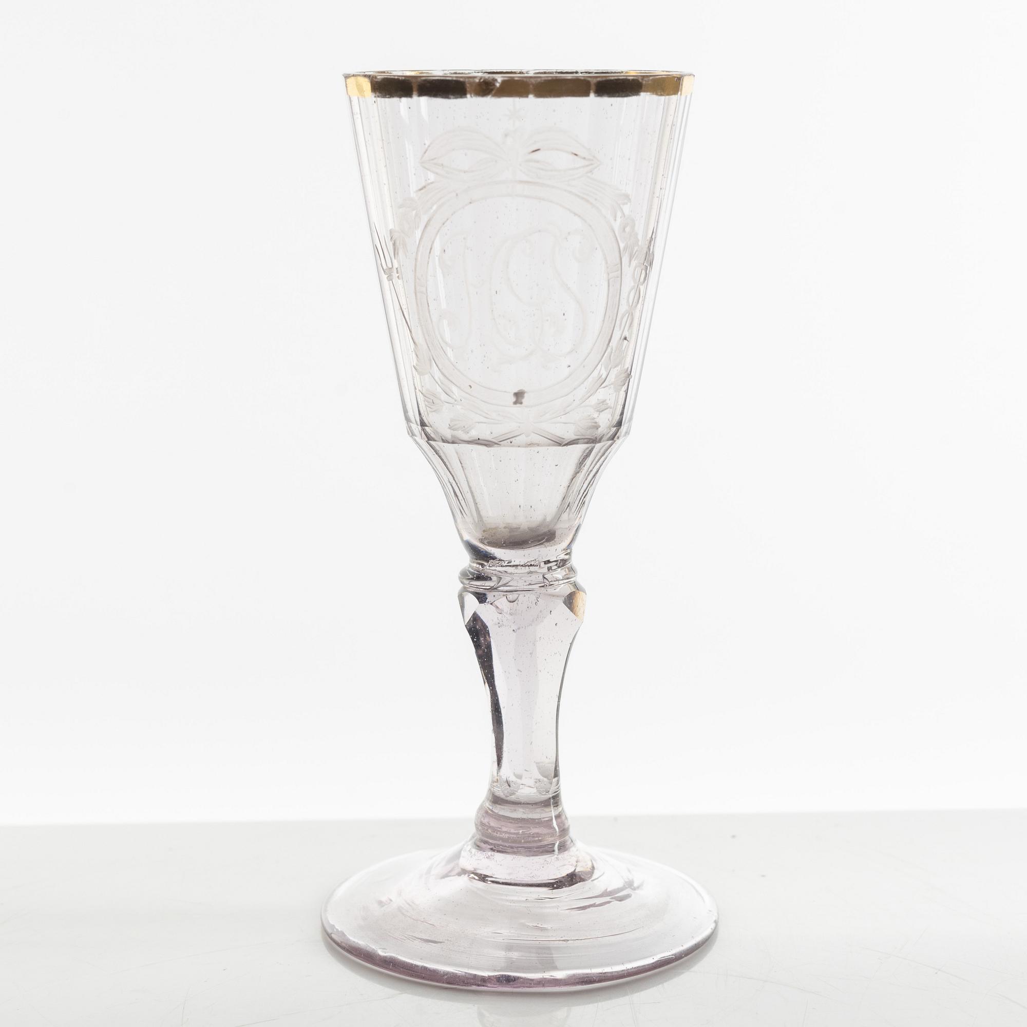 A set of two wineglasses and a small glass, 18th century.