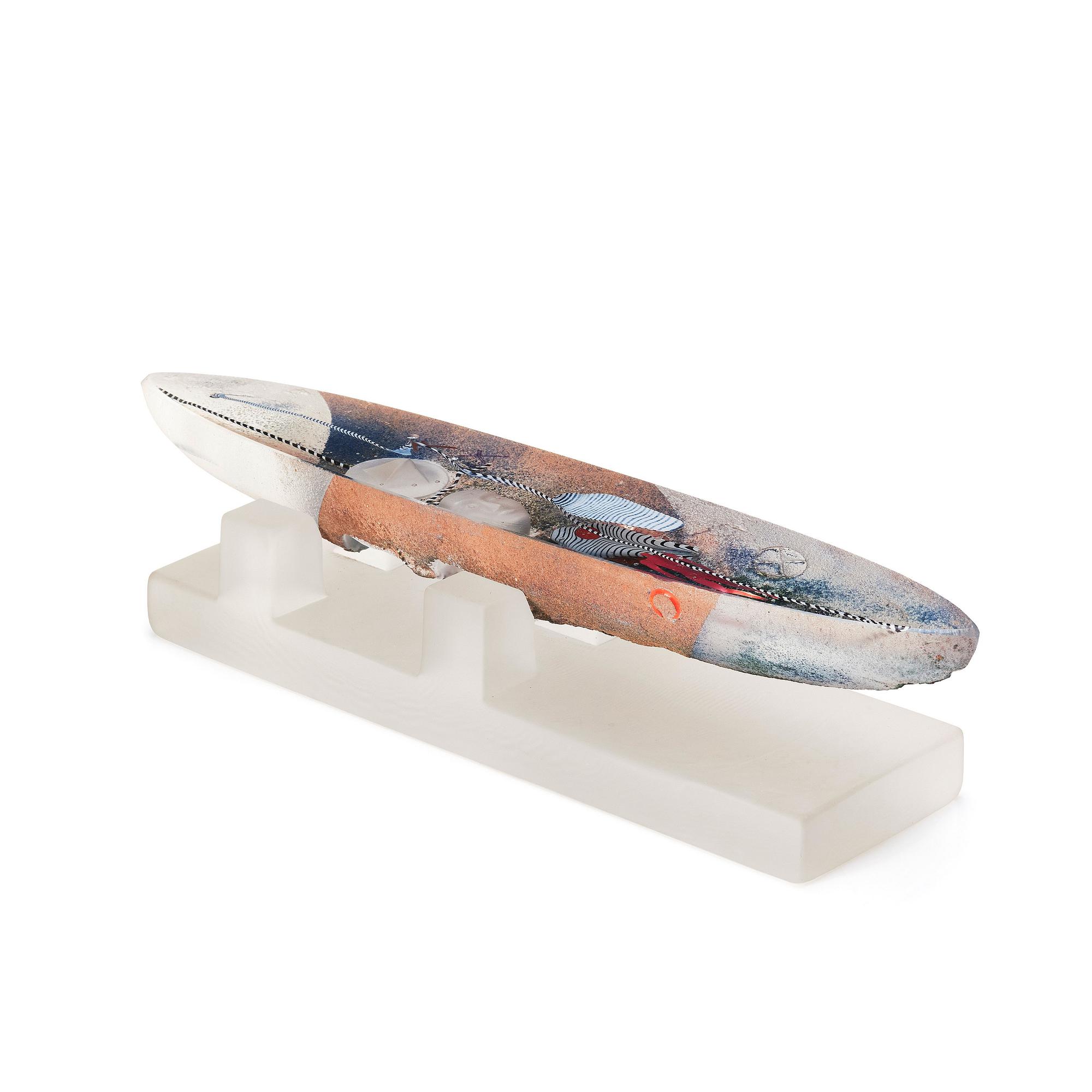 Bertil Vallien, a sand cast glass sculpture of a boat, Kosta Boda, Sweden.