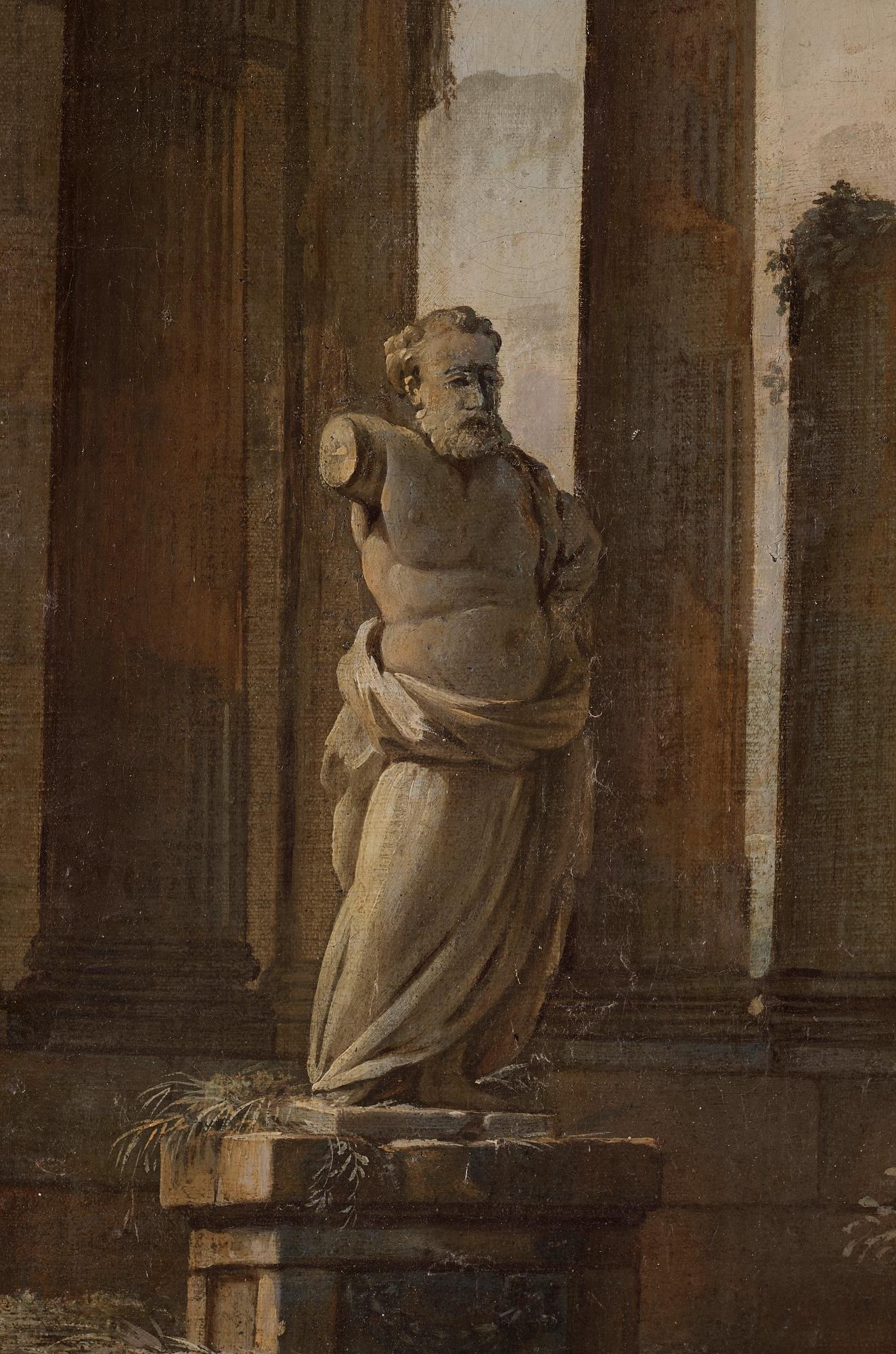 Johan Pasch Tillskriven, Väggfält. Ruinlandskap rastande soldater och figurer vid brunn.