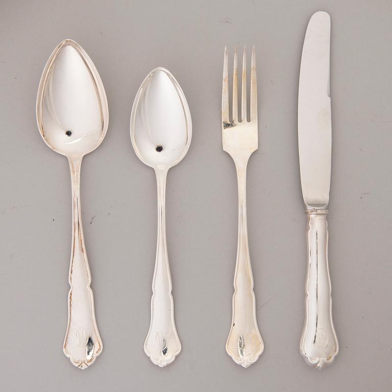 A 37 PCS SET OF FINNISH CHIPPENDALE SILVER CUTLERY, marks of Kultakeskus, Hämeenlinna 1981.