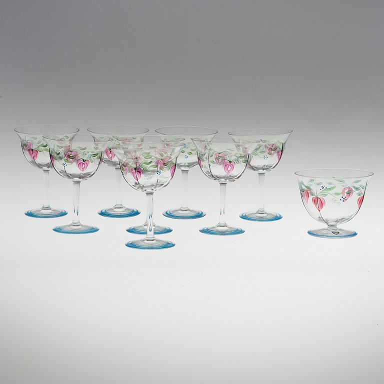 EVA ENGLUND, champagnekupor + skål, 9 delar, "Maja", Orrefors, sent 1900-tal.