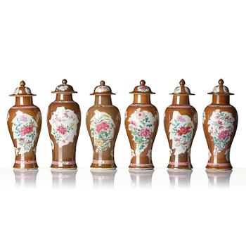 A matched six-piece famille rose garniture, Qing dynasty, Qianlong (1736-95).