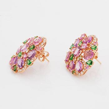 Pink sapphire, tsavorite and diamond earrings.