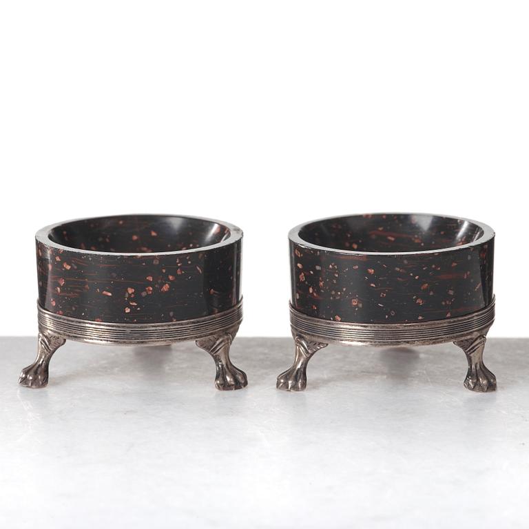 A pair of late Gustavian porphyry and silver salts. Silver maker's mark by Adam Tillström, Växjö 1799.