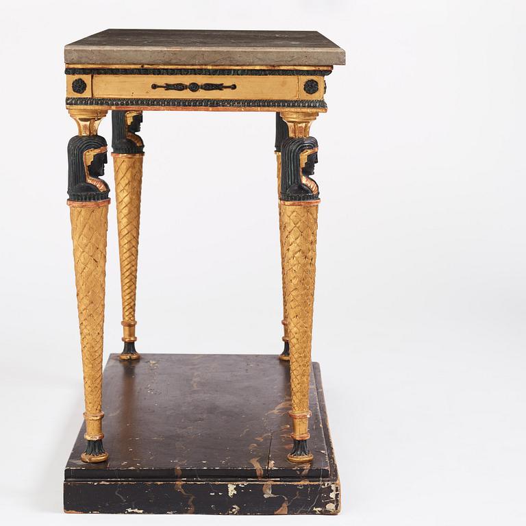 A late-Gustavian giltwood and patinated console table in the manner of J. Frisk, Stockholm circa 1800.