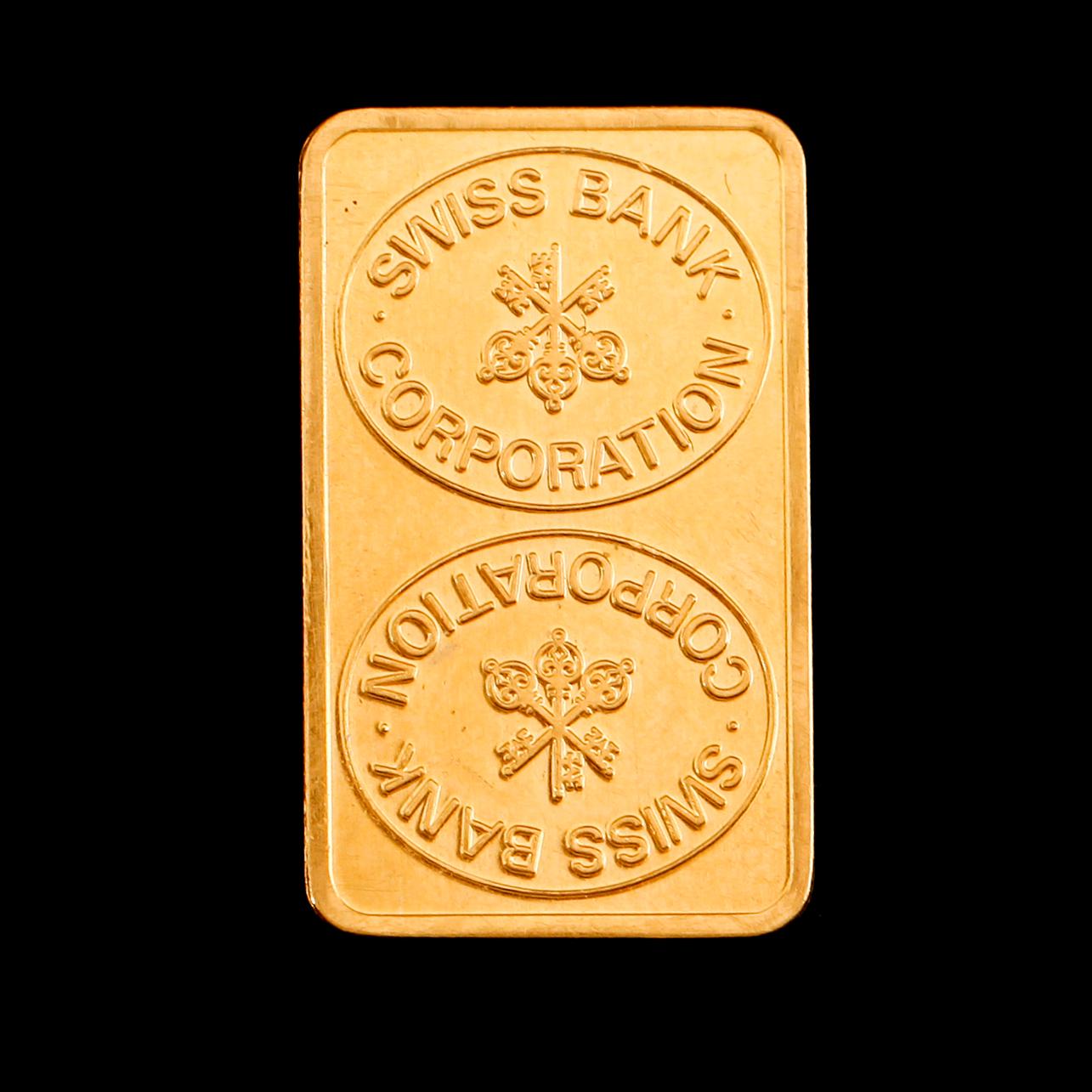 PLAKETT, fine gold, Swiss Bank Corporation. Vikt 10 gram.