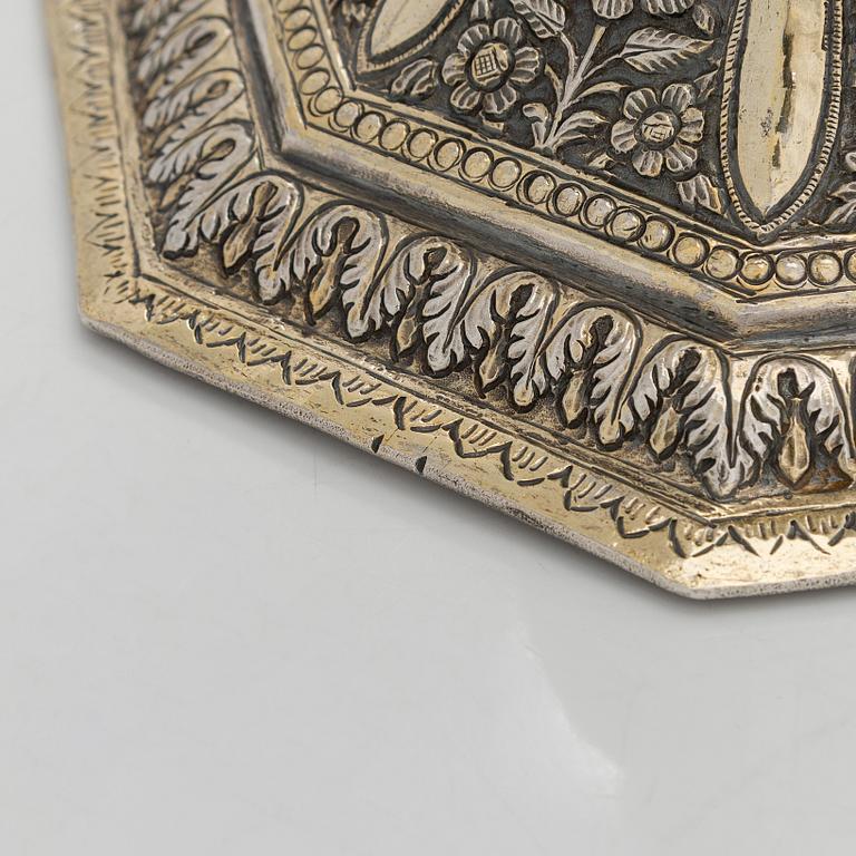 A parcel-gilt silver repoussé water pipe huqqa base, 18th/19th Century.