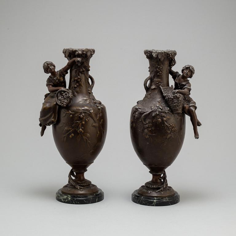 A pair of zinc and marble vases by Francois Moreau, France, ca 1900.