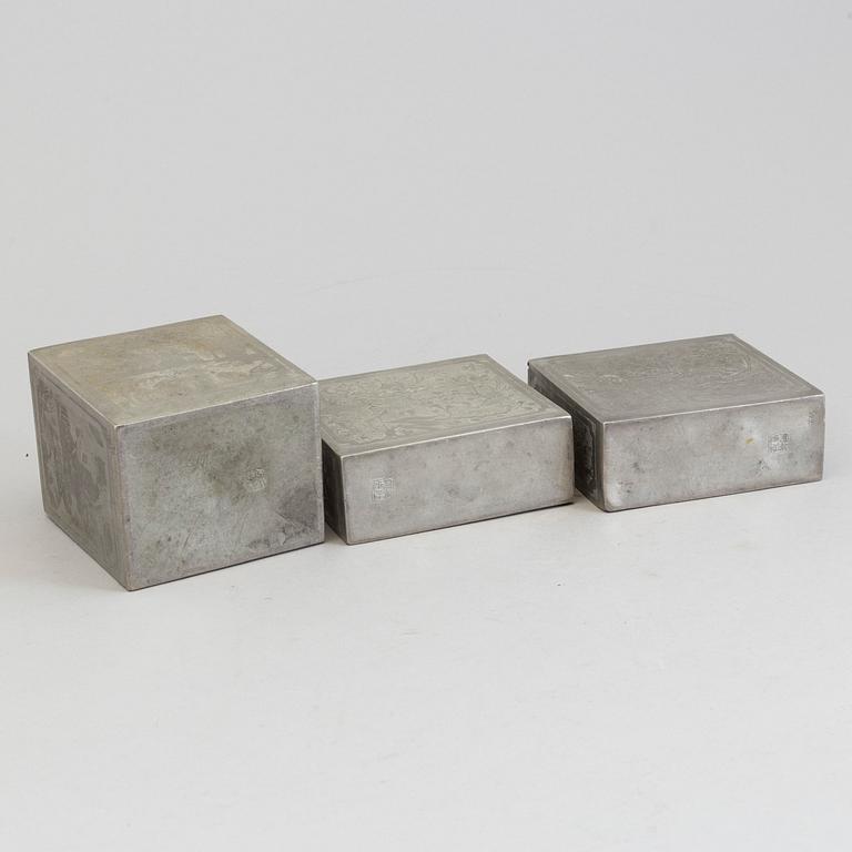 Three Chinese teacaddies in tin, Qing dynasty, 19th century.