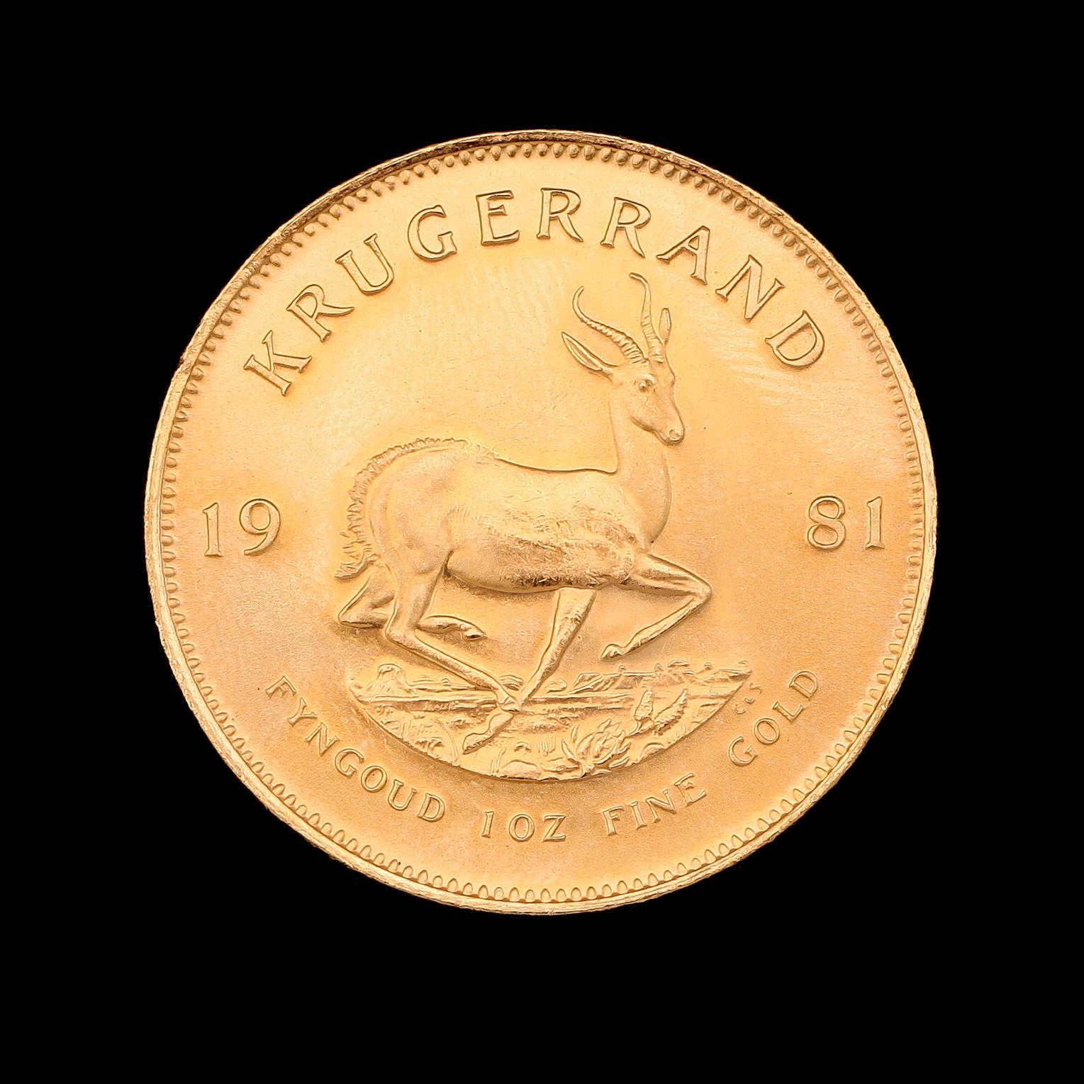GULDMYNT, finguld, Krugerrand, Sydafrika, 1981. Vikt ca 34 g.