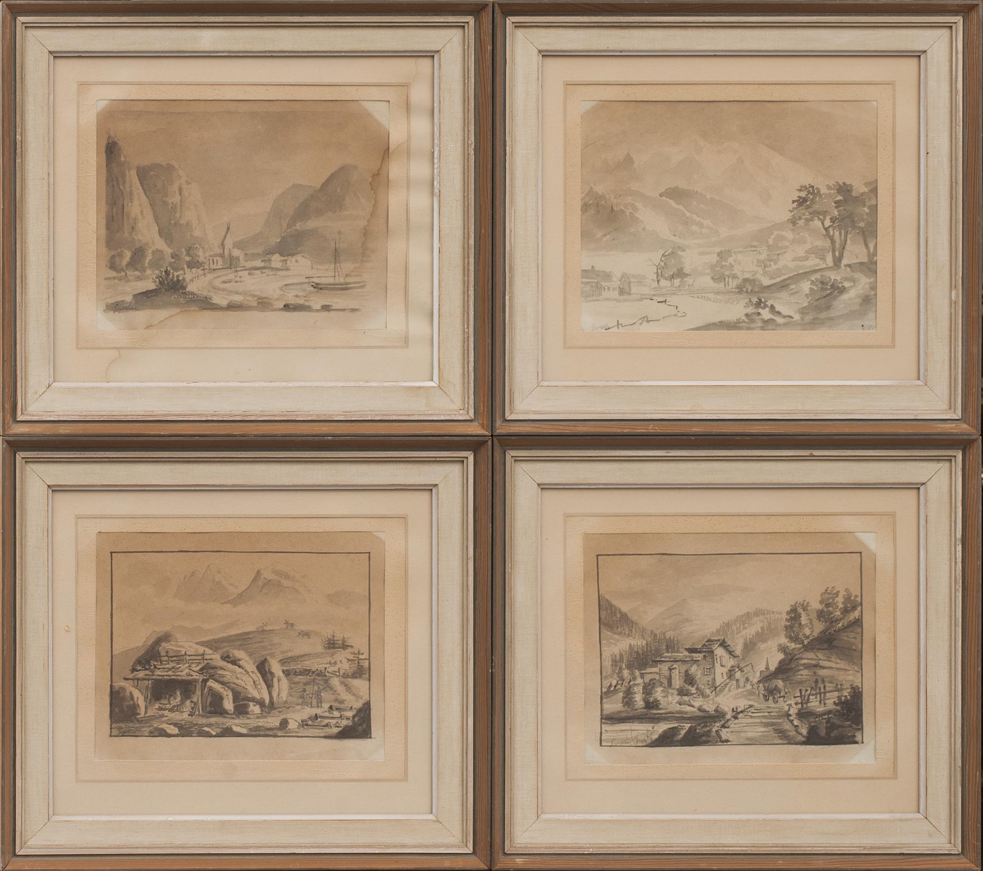 OKÄND KONSTNÄR, laveringar, 5 st, signerade, 1800-tal.