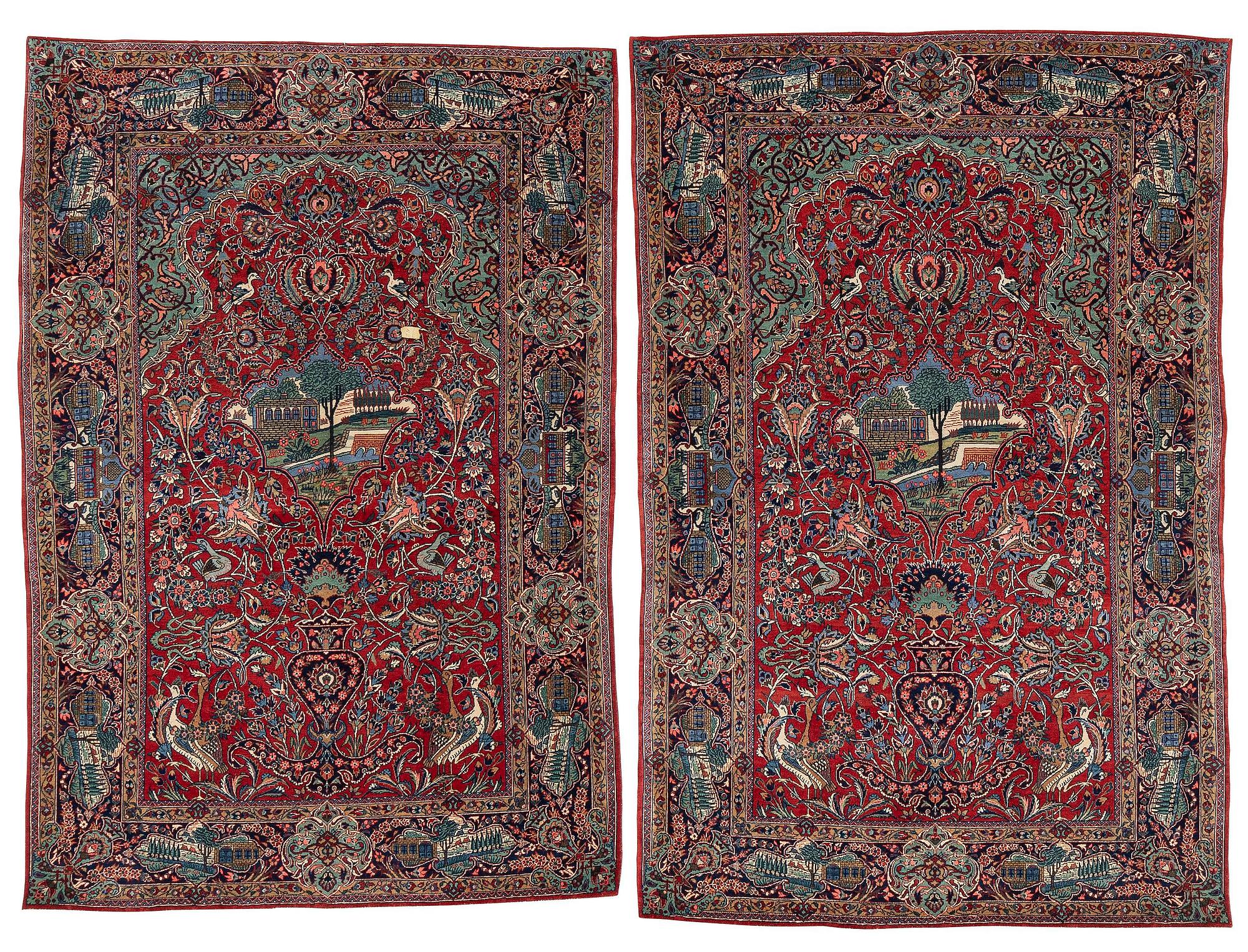 Mattor, ett par, figurala Keshan, centrala Persien, ca 204 x 136 resp 200 x 134 cm.