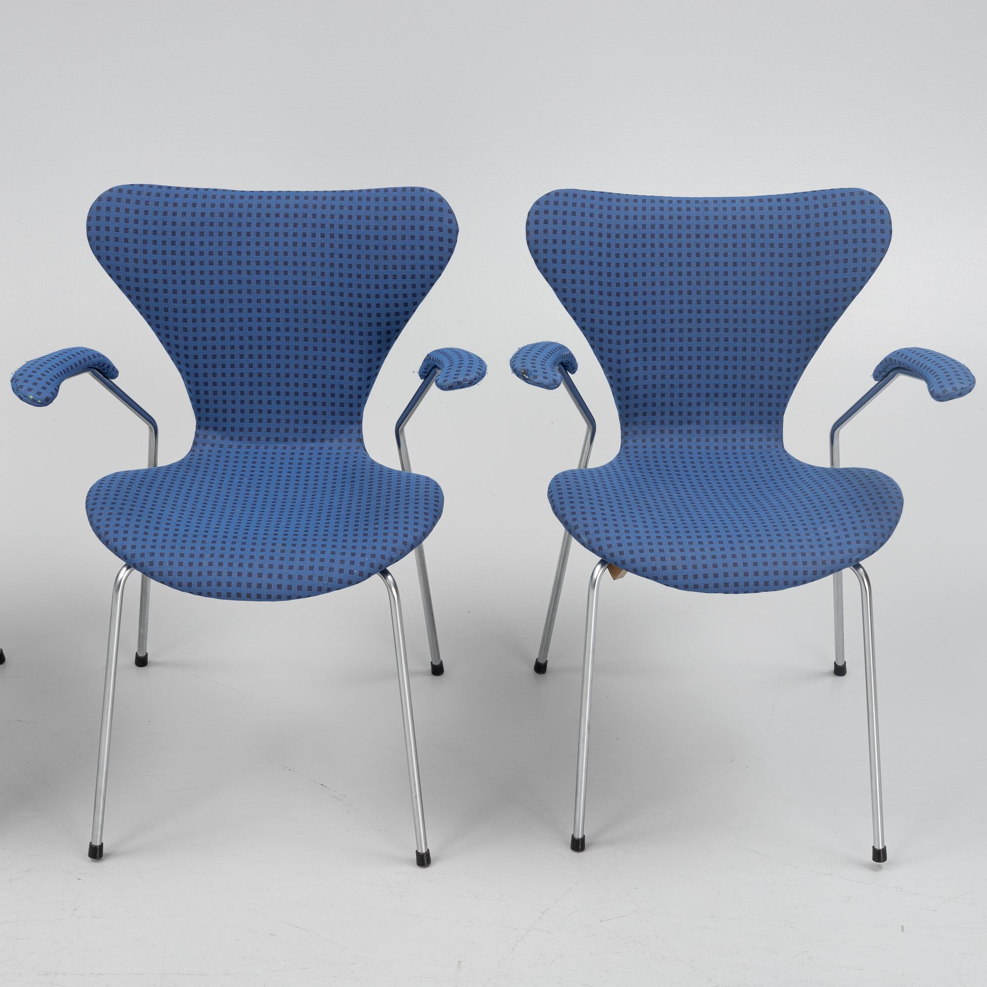 Arne Jacobsen, four 'Seven' armchairs, Fritz Hansen, Denmark.
