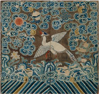 An embroidered rank badge/buzi, Peking knot technique. Late Qing dynasty.