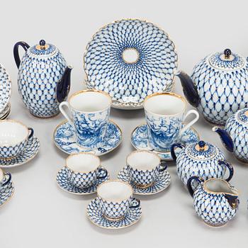 A  'Cobalt Net' porcelain coffee and tea service, Lomonosov, Soviet Union.