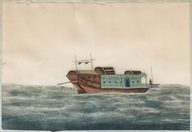 MÅLNINGAR, sex stycken, tusch och akvarell på rispapper. Kina, Qingdynastin, 1800-tal. "Djonker".