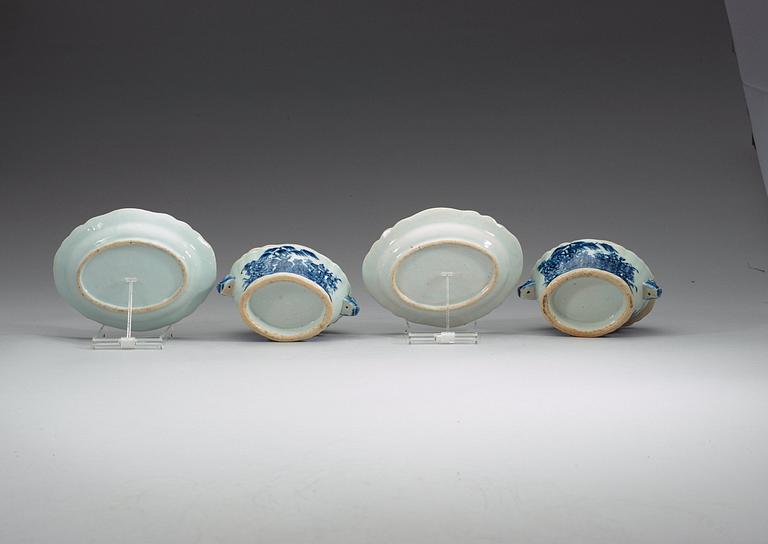 A pair of blue and white butter tureens with covers and stands, Qing dynasty, Qianlong (1736-95).