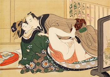 KONSTNÄR FRÅN UTAGAWA SKOLAN,
Shunga album, Japan, sen Edo (1603 - 1868) eller Meiji (1868-1912).
12 målningar på siden.