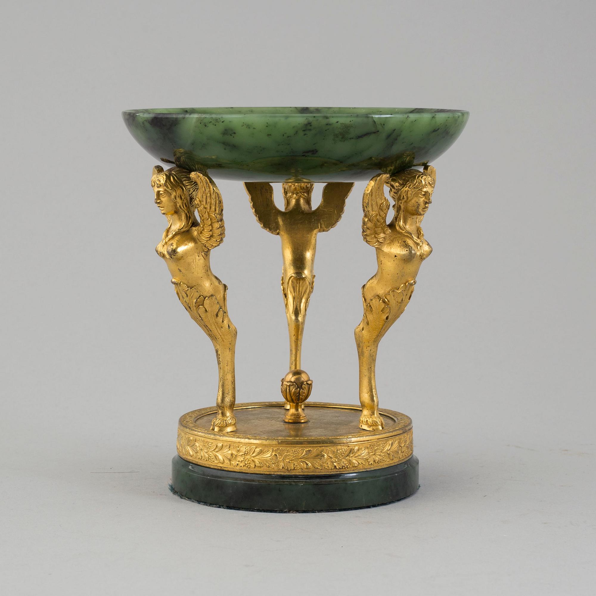 A late 19th century Empire style nephrite and gilt bronze centerpiece bowl.