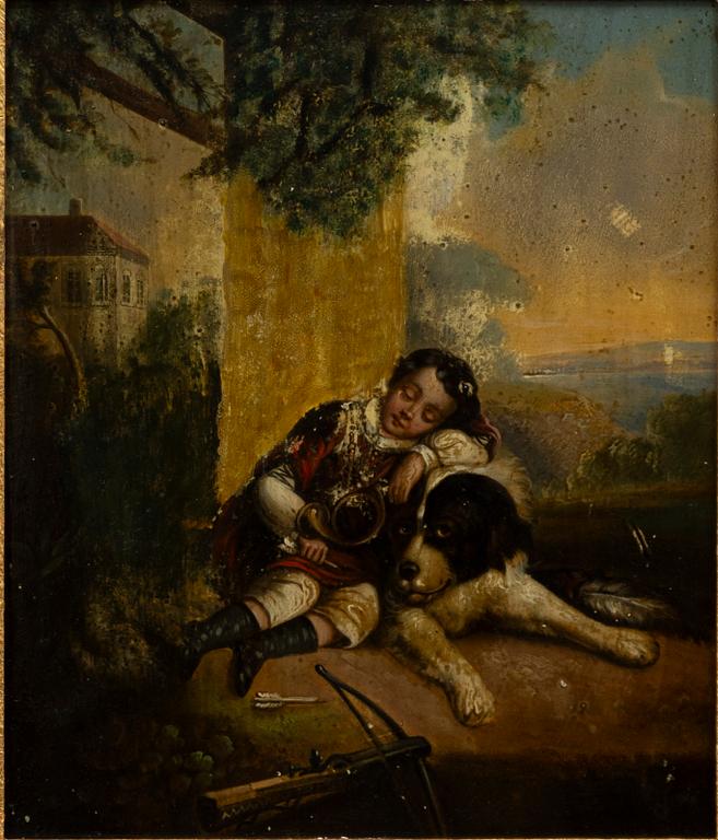 Unknown artist, 19th century, Boy with dog/Travelling family.