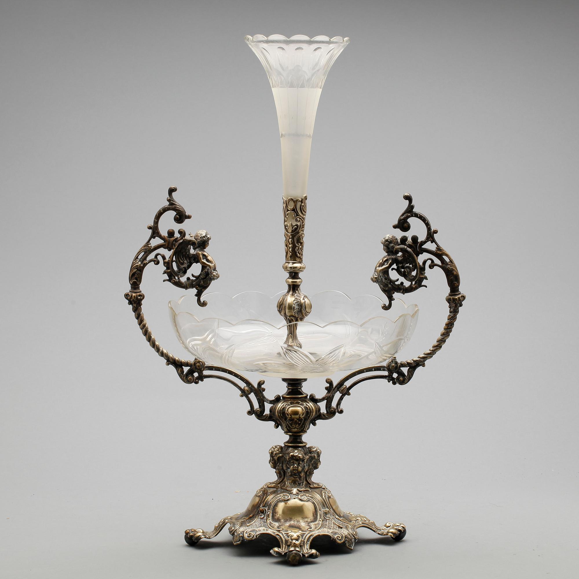 UPPSATSSKÅL, nysilver, glas, sent 1800-tal.