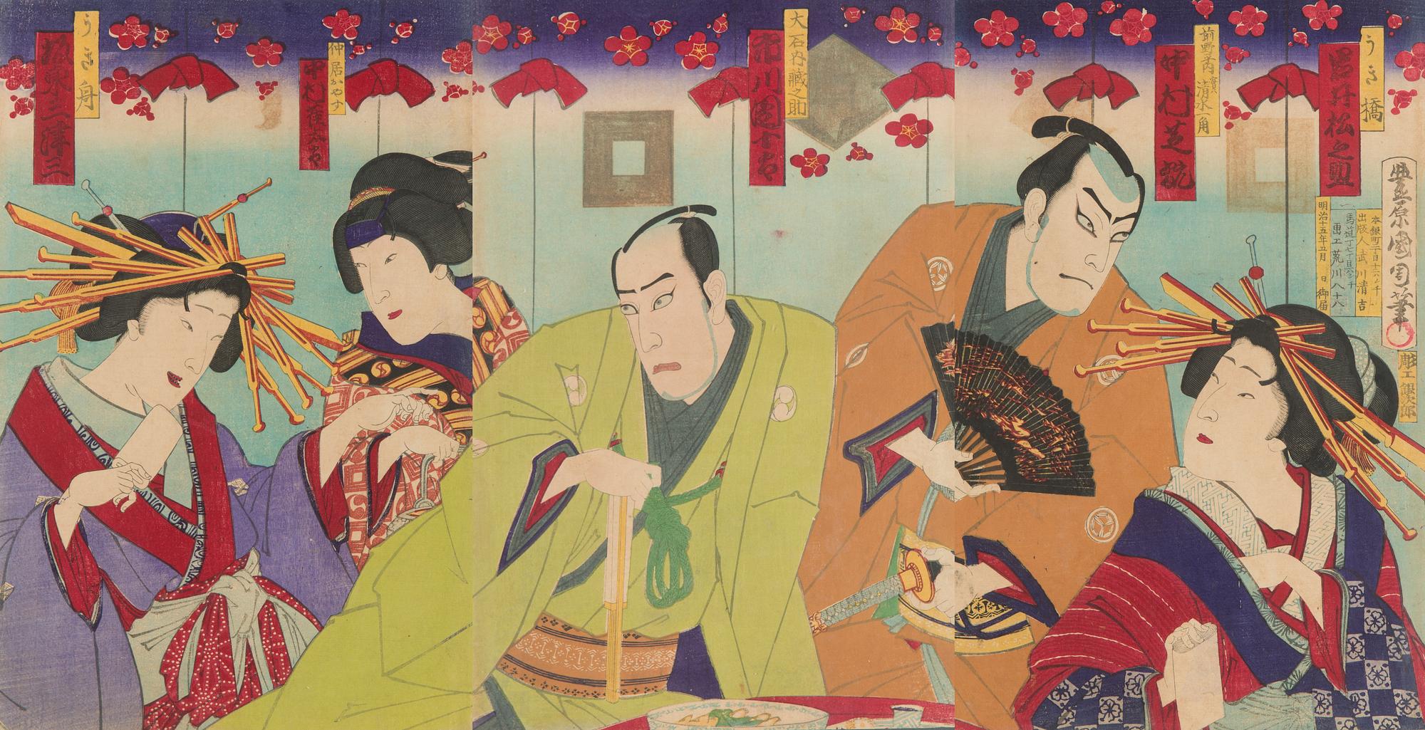 Toyohara Kunichika, triptych, woodcut, Japan.