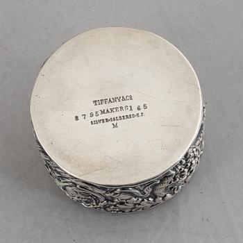 Tiffany & Co, a silver plated box with pin cushion lid.