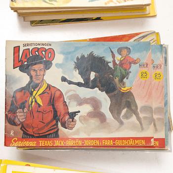Comic books and fairy tales, a collection including "Lasso", "Biffen & Bananen" and Alga's children's books.