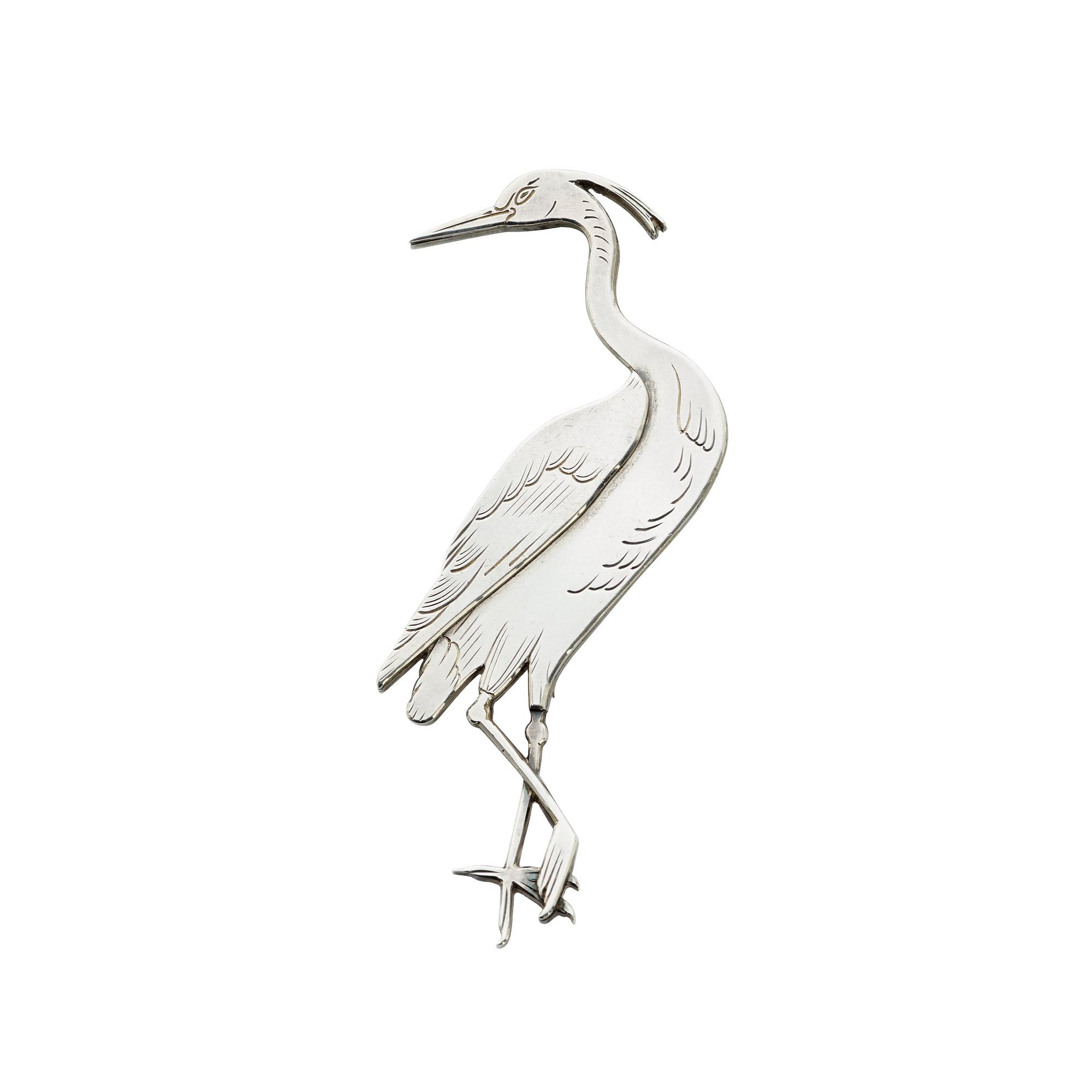 A Wiwen Nilsson sterling brooch of a standing crane, Lund 1954.