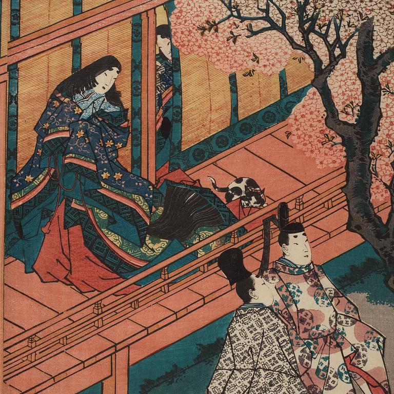 UTAGAWA KUNISADA, även kallad Toyokuni III (1786-1864), triptyk, färgträsnitt. Japan, "The Tale of Genji".