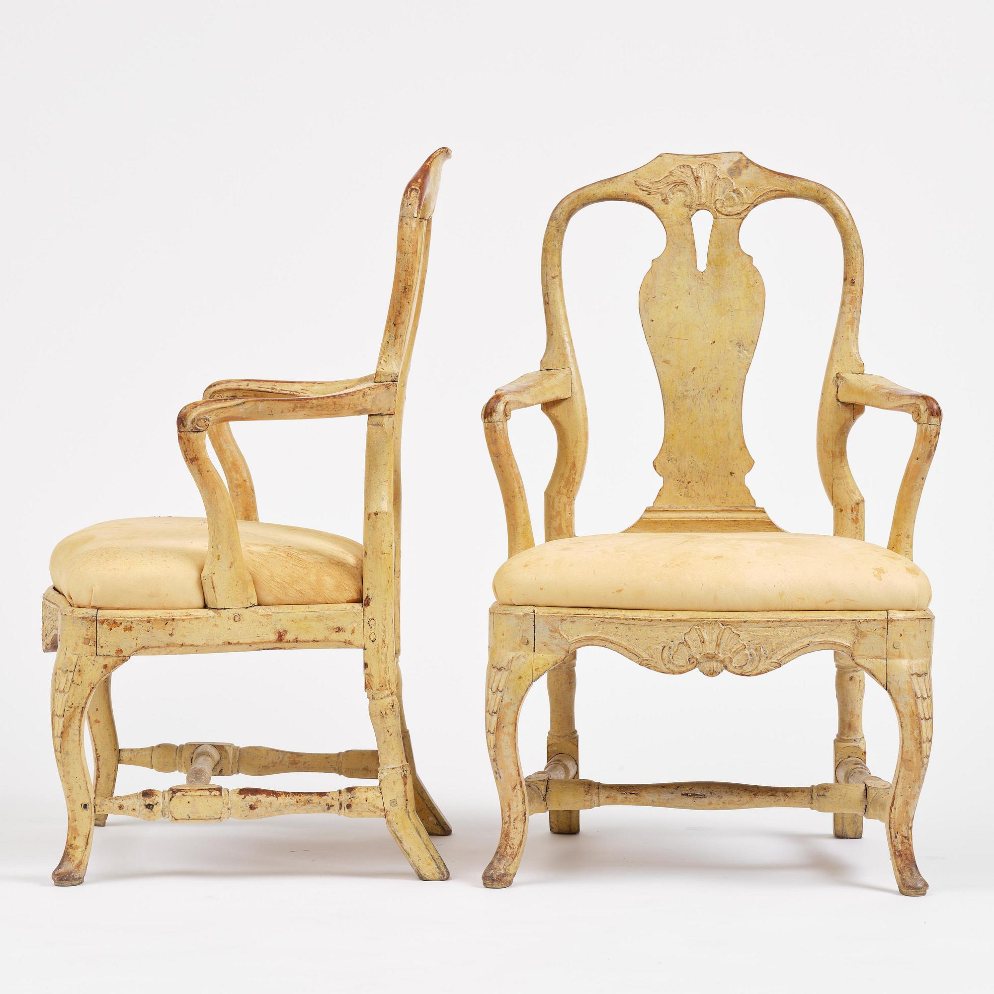A pair of rococo open armchairs, Stockholm, later part 18th century.