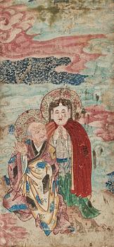 A group of 10 paintings of a Buddhist pantheon with Buddha, Arhats/Louhans and a guardian, Qing dynasty 18/19th Century.