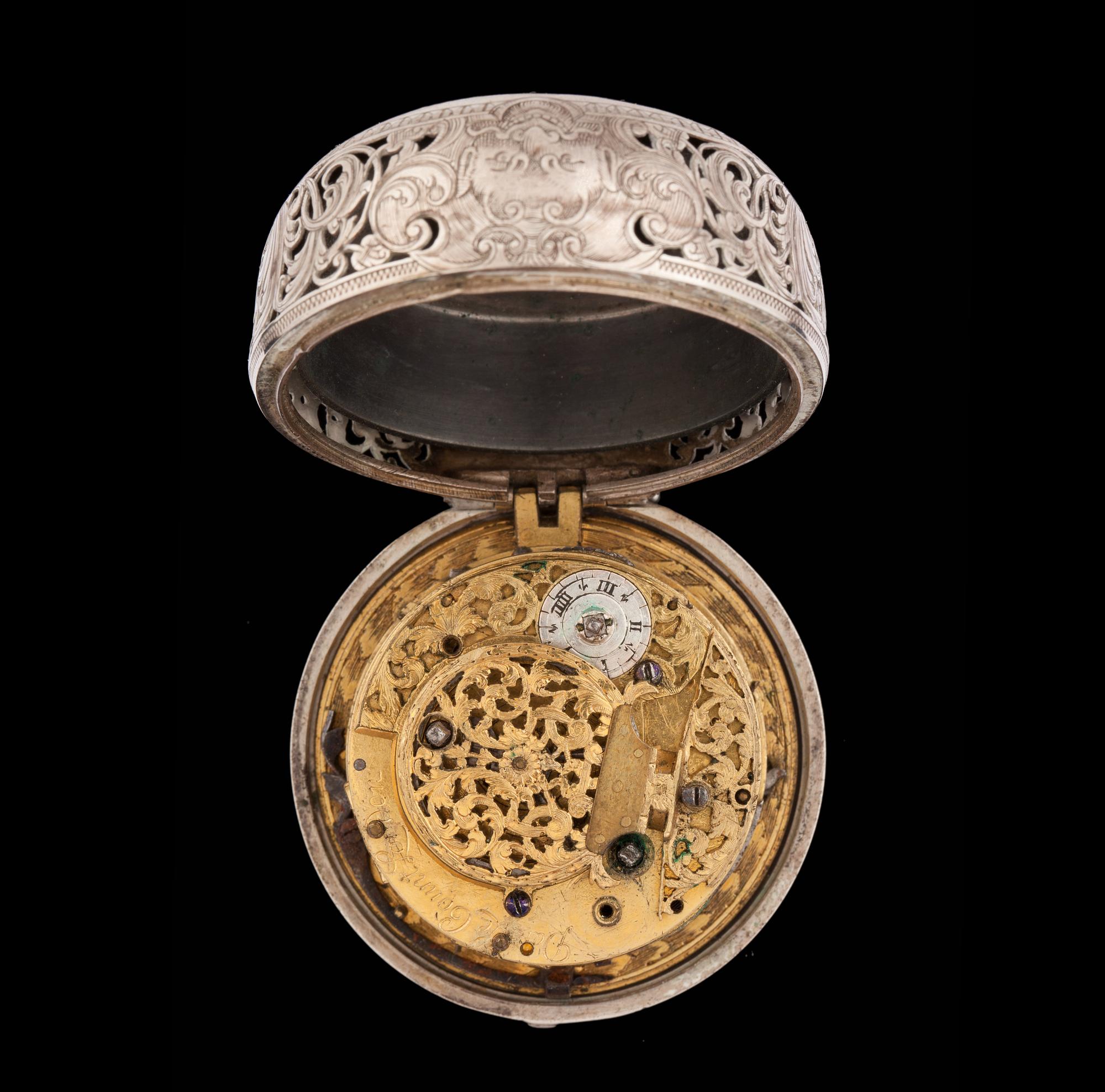 FICKUR, spindelur med slag, ytterboett och boett silver, Le Count, London, 1700-tal.