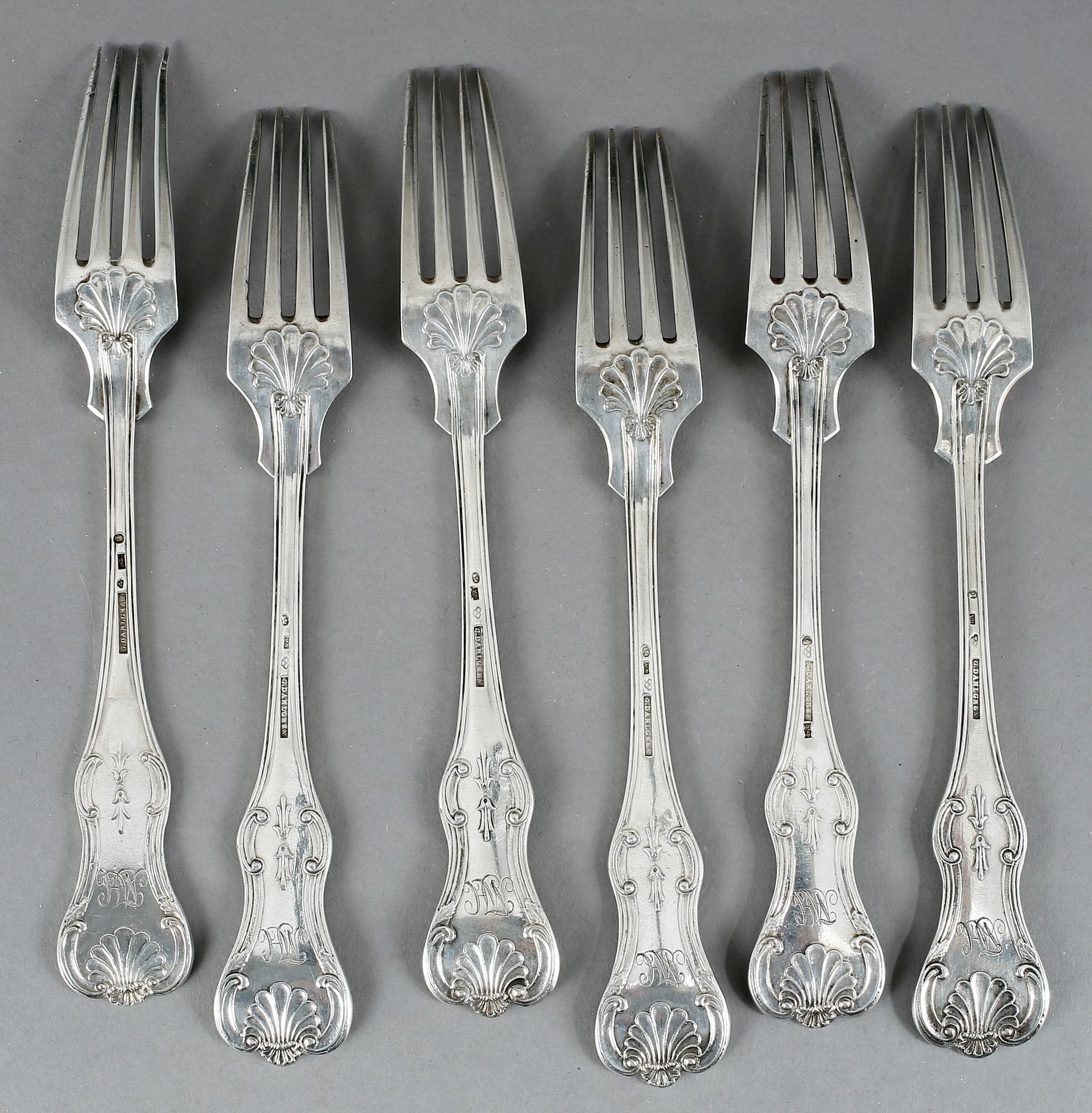 GAFFLAR, silver, 6 st, modell Olga, 424 gram. G. Dahlgren, delvis 1851.