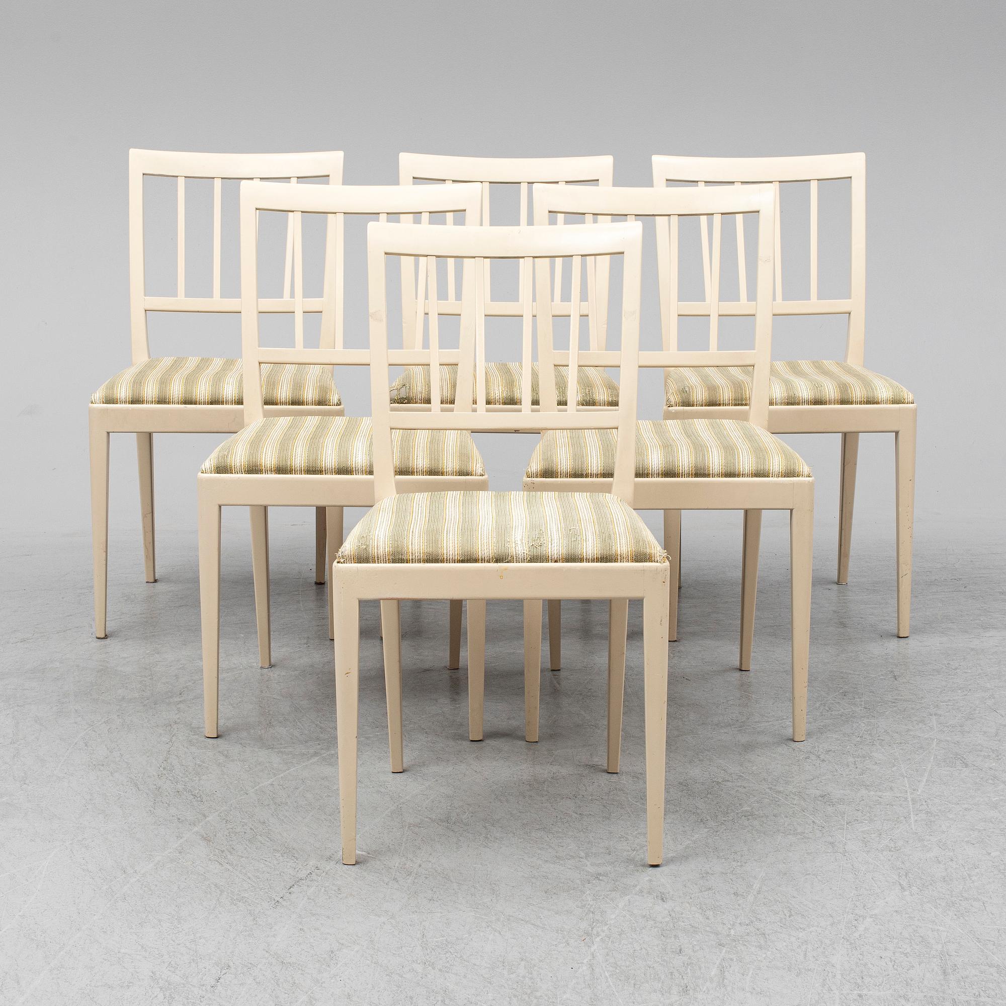 CARL MALMSTEN, matgrupp, 7 delar, 6 stolar samt bord. Två iläggskivor medföljer.